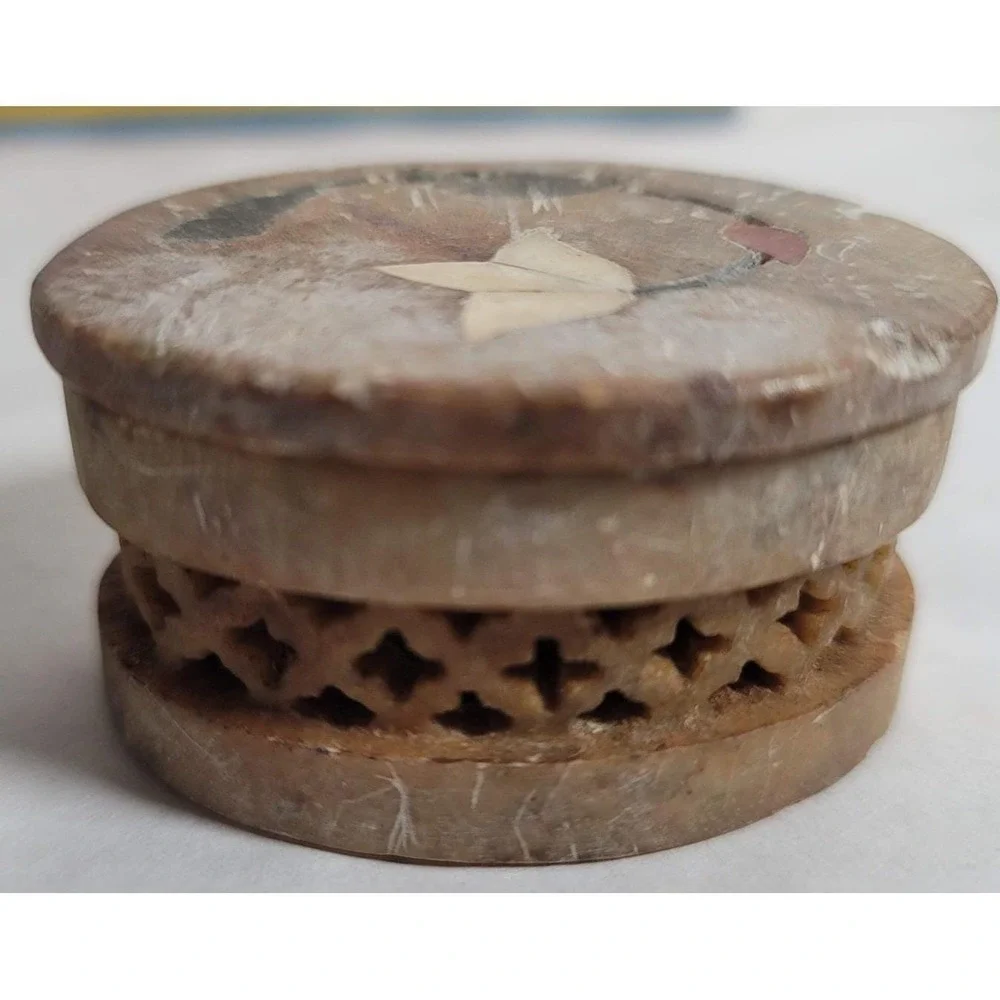 Beige Stone Trinket Box Oval‎ Mini Carved Floral Inlay Decor Gift Rustic
